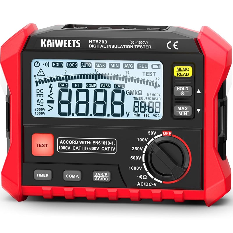 KAIWEETS Megohmmeter, Insulation Resistance Tester, Up to 100GΩ, 50V/100V/250V/500V/1000V, One-Touch DAR/PI, with AC/DC Voltage Testing for Motors, Solar, HVAC - Image 1